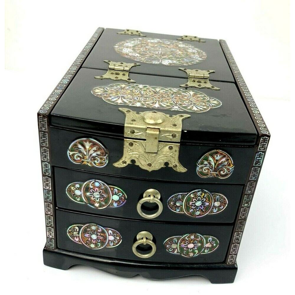 Vtg Black Wood Asian Stone Inlay Jewelry Trinket Box Chest Mirror 2 drawer